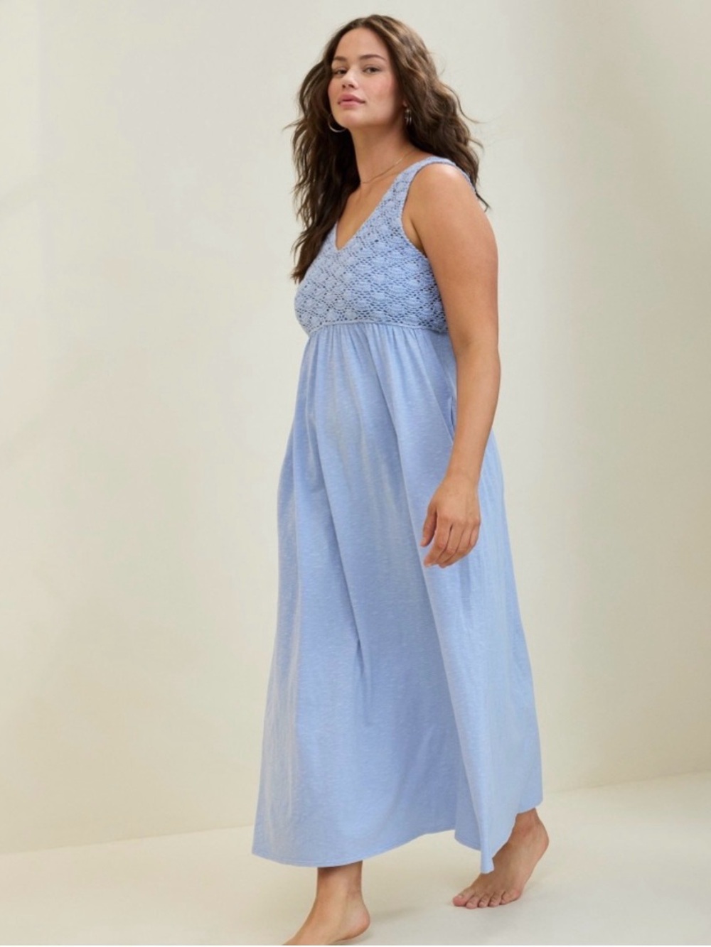 Aerie Crochet Bodice Maxi Dress Light Blue Cotton Summer Pockets Size Large